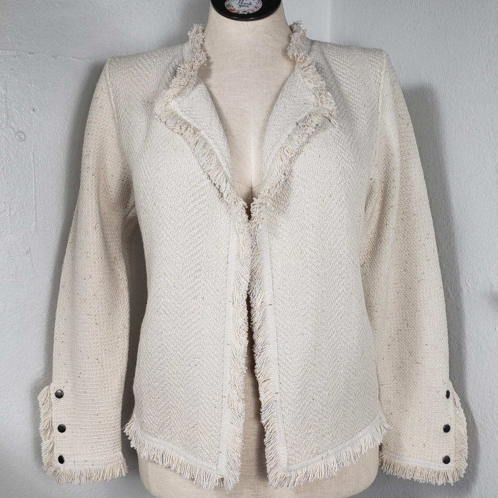 Nic & Zoe Tan w/ Gold Threads - Fringe Snaps Pockets Weave Texture Small